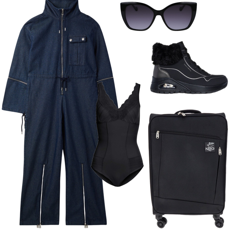 Outfit donna - Partenza. Stile Trendy per Tutti i giorni. Abbinamento con body, tute, stivaletti, occhiali da sole, valigie.