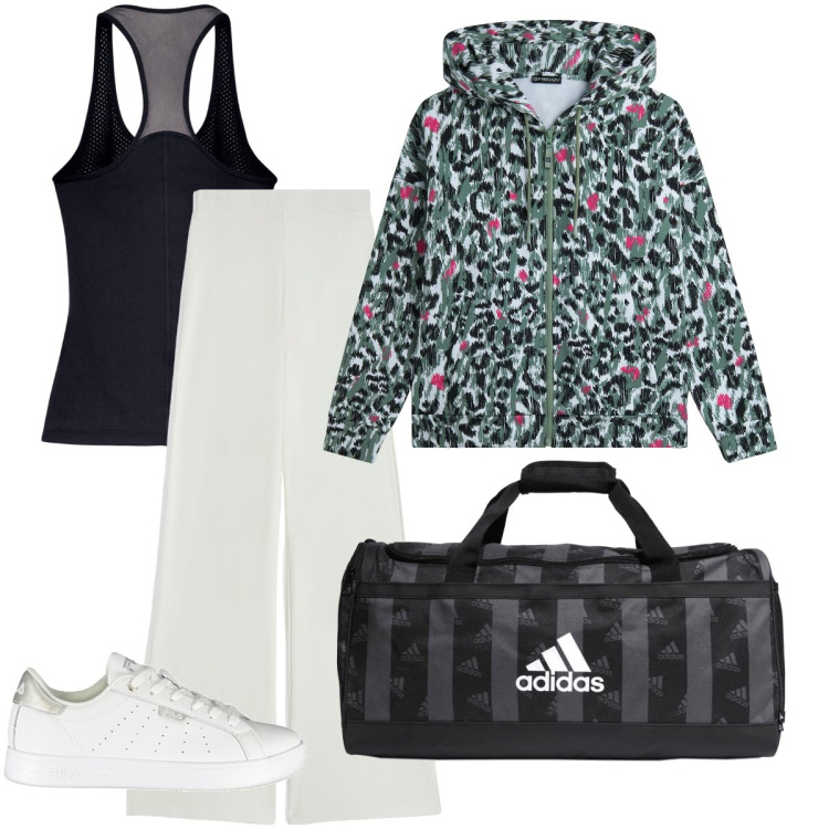 Outfit donna - Stasera pilates. Stile Sporty chic per Sport. Abbinamento con felpe con cappuccio, pantaloni, borse sportive, canottiere, sneakers.