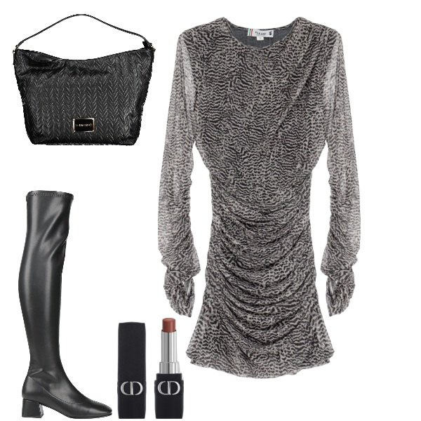 Outfit donna - Lo stivale al ginocchio. Stile Trendy per Serata fuori. Abbinamento con stivali sopra il ginocchio, rossetti, vestiti corti, pochette.