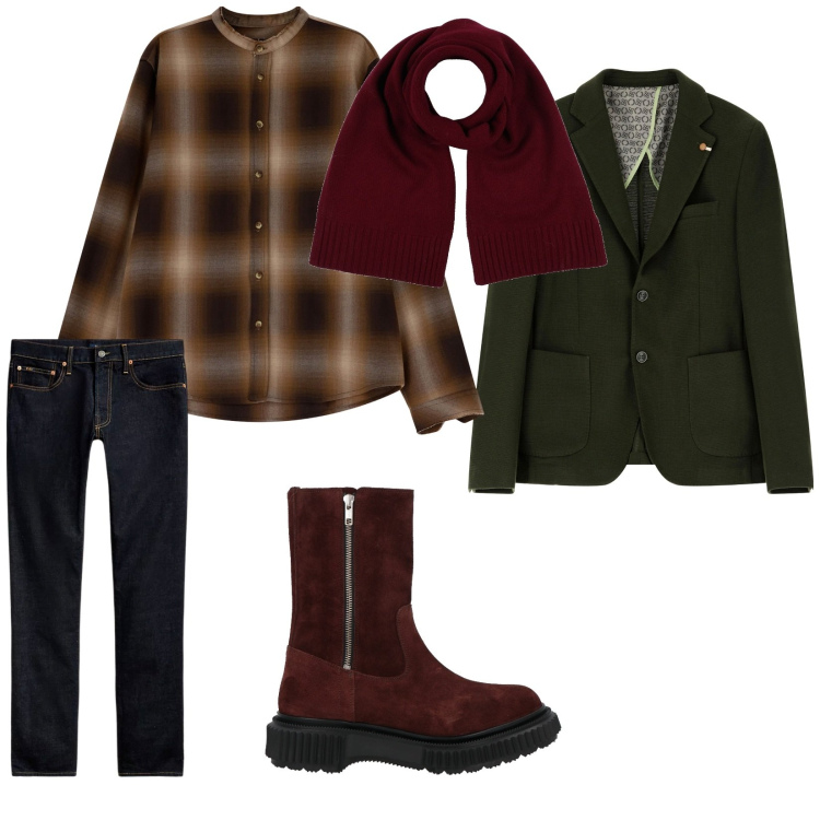 Outfit uomo - Professore di storia. per Tutti i giorni. Abbinamento con sciarpe, stivali, camicie, giacche, jeans.
