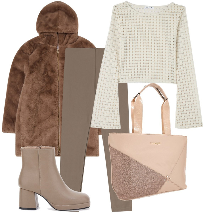 Outfit donna - Il teddy lungo. Stile Casual chic per Ufficio. Abbinamento con maglieria, ecopellicce, pantaloni skinny, stivaletti, borse a spalla.