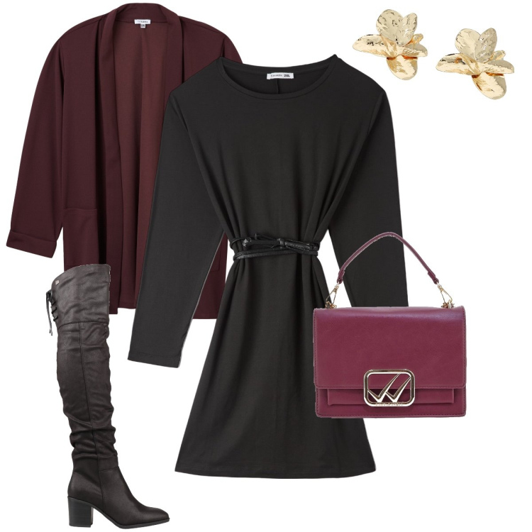Outfit donna - Dettagli bordeaux. Stile Bon Ton per Serata fuori. Abbinamento con stivali, vestiti midi/longuette, blazer, orecchini, borse a tracolla.