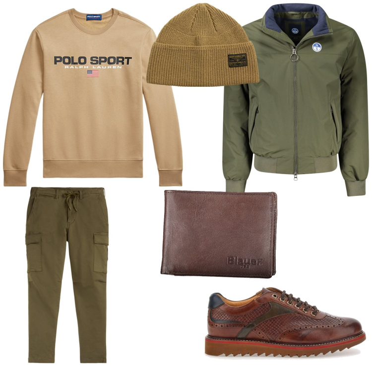 Outfit uomo - La terra. per Tutti i giorni. Abbinamento con pantaloni cargo, berretti, felpe, scarpe stringate, giacche, portafogli.