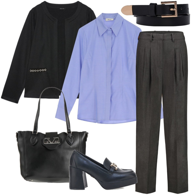 Outfit donna - Mannish in ufficio. Stile Mannish per Ufficio. Abbinamento con borse a mano, camicie, mocassini, pantaloni, blazer, cinture.