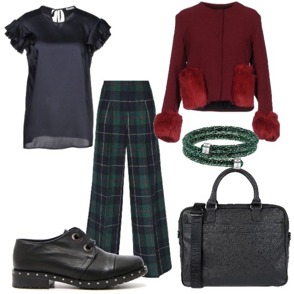 Outfit donna - Trendy in ufficio. Stile Trendy per Ufficio. Abbinamento con giacca, borsa da lavoro cartella taglia media con zip interno foderato in pelle sintetica tinta unita, blusa senza tasche collo tondo a maniche corte con laccetti twill, pantalone, scarpe stringate stringate nero, braccialetto.