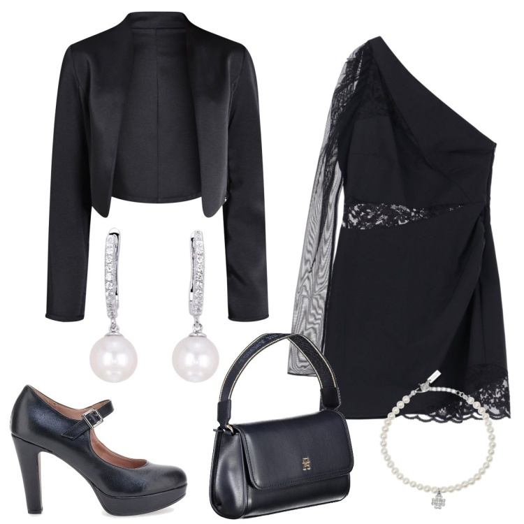 Outfit donna - Serata di festa. Stile Glamour per Serata fuori. Abbinamento con orecchini, braccialetti con ciondoli, blazer, vestiti asimmetrici, décolleté, borse a spalla.