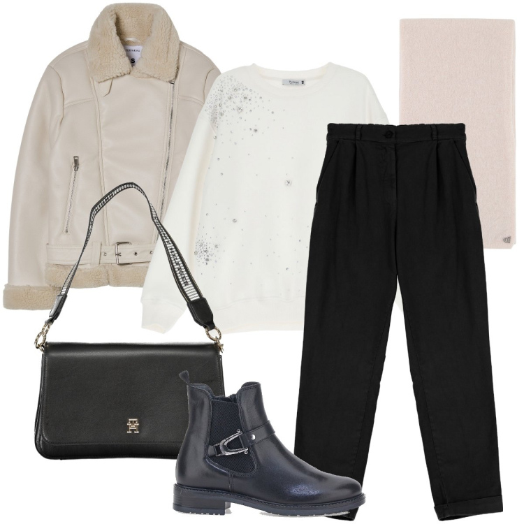 Outfit donna - Il montone eco. Stile Casual chic per Ufficio. Abbinamento con blazer, pantaloni chino, felpe, stole, stivaletti, borse a tracolla.