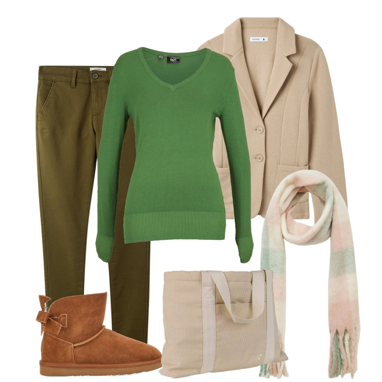 Outfit donna - R come Roma. Stile Casual per Tutti i giorni. Abbinamento con maglieria, blazer, pantaloni chino, sciarpe, shopping bag, stivaletti.