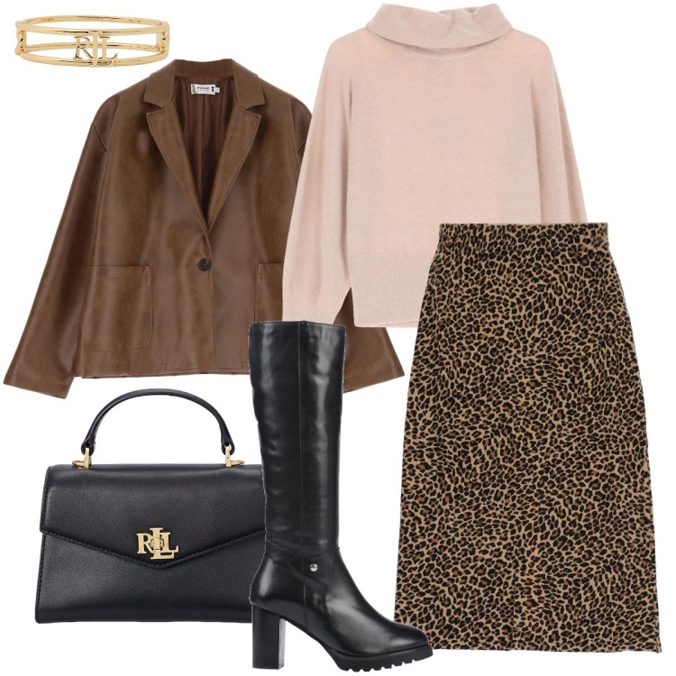 Outfit donna - La gonna leopardata. Stile Sexy per Serata fuori. Abbinamento con stivali, blazer, gonne lunghe, maglieria, borse a mano, braccialetti.