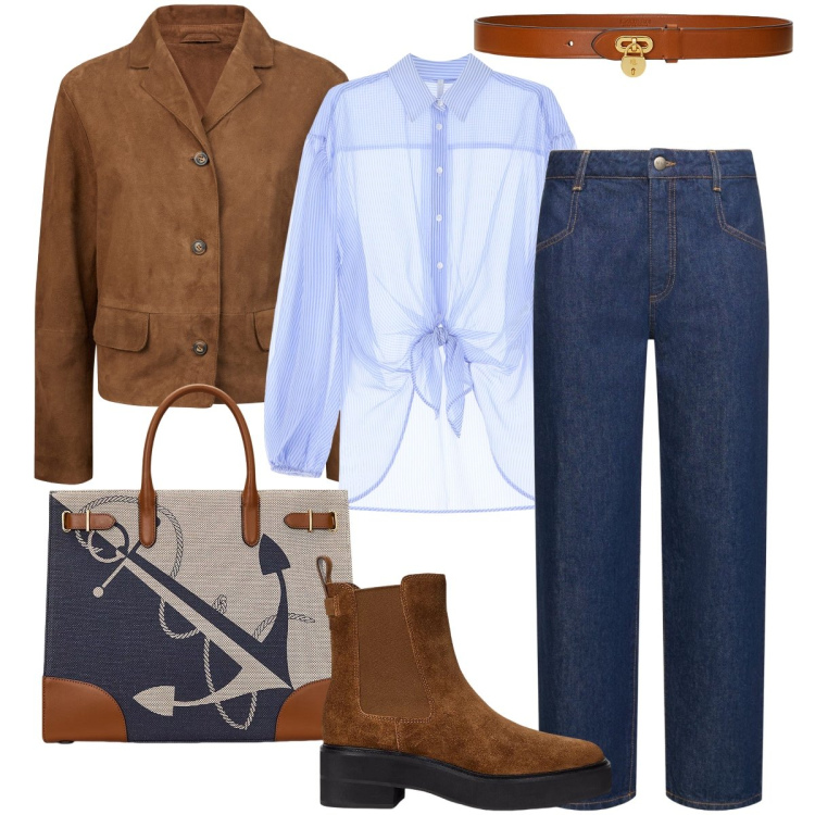 Outfit donna - Effetto camoscio. Stile Trendy per Tutti i giorni. Abbinamento con camicie, cinture, stivaletti chelsea, borse tote, blazer, jeans.