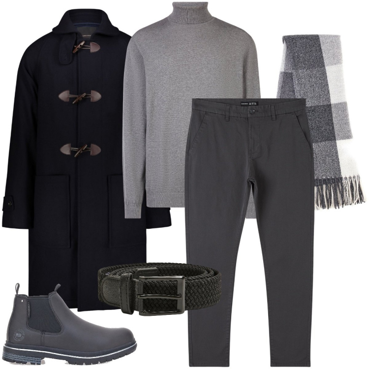 Outfit uomo - Tonalità di grigio. Stile Business/Elegante per Ufficio. Abbinamento con pantaloni chino, cinture, montgomery, sciarpe, stivali e stivaletti, maglieria.