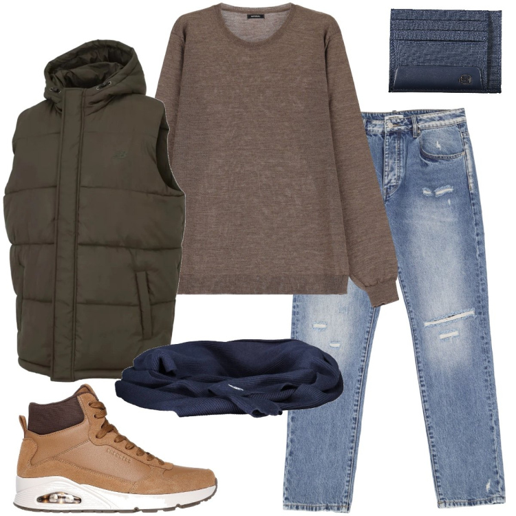 Outfit uomo - Il jeans semi strappato. Stile Urban per Tutti i giorni. Abbinamento con gilet, jeans dritti, maglieria, sneakers alte, portafogli, sciarpe.