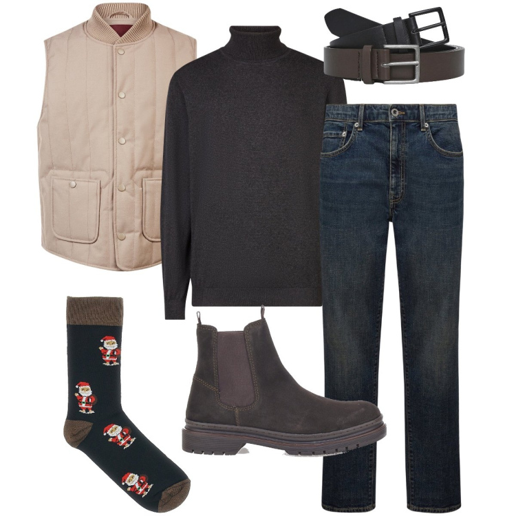 Outfit uomo - Spirito natalizio. Stile Urban per Ufficio. Abbinamento con cinture, piumini, calzini, stivali e stivaletti, maglieria, jeans.