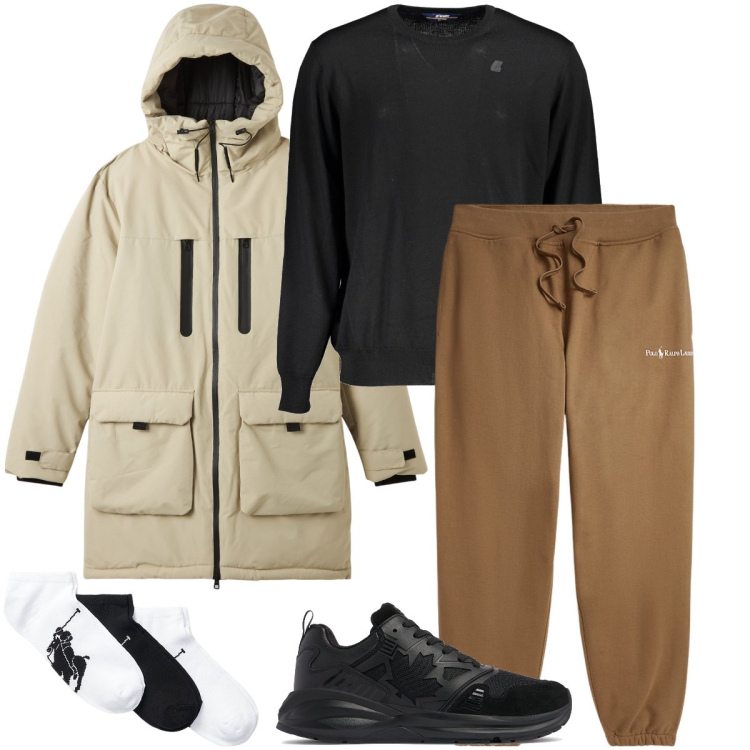 Outfit uomo - Camminata all’aperto. Stile Casual per Sport. Abbinamento con parka, calzini, pantaloni, sneakers, maglieria.