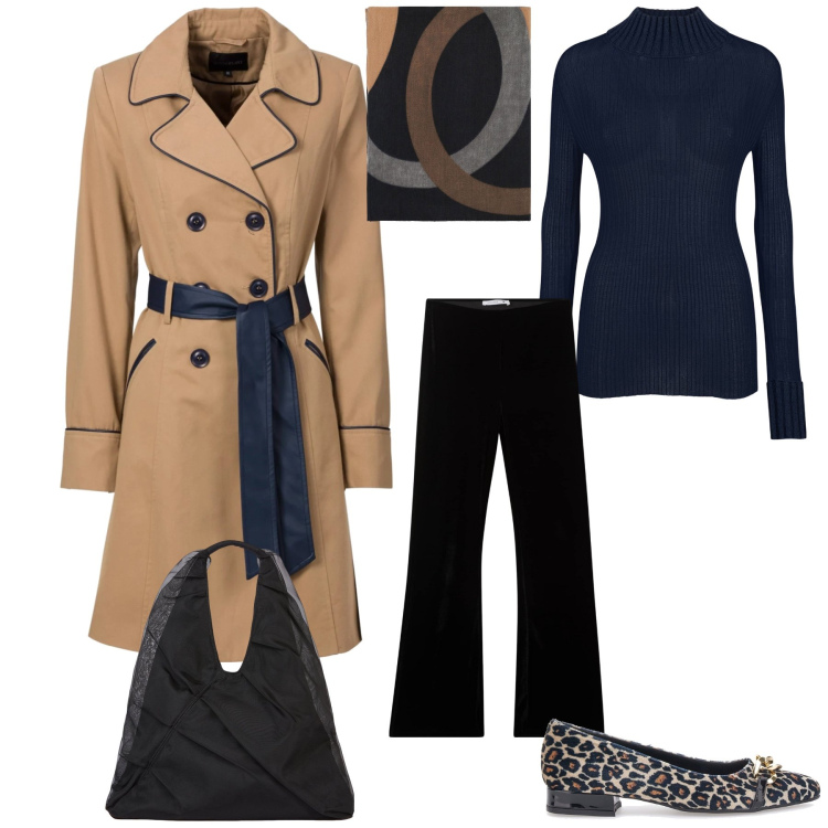 Outfit donna - City. Stile Urban per Tutti i giorni. Abbinamento con trench, leggings, foulard, maglieria, shopping bag, ballerine.