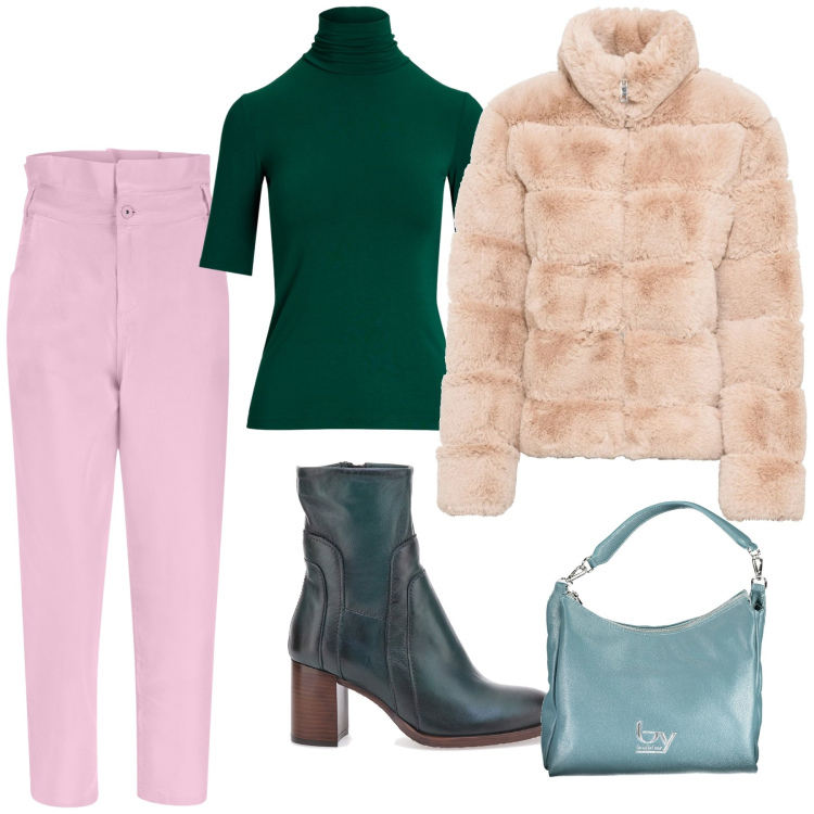 Outfit donna - Jeans rosa a vita alta. Stile Trendy per Tutti i giorni. Abbinamento con ecopellicce, jeans, maglieria, stivaletti, borse a spalla.