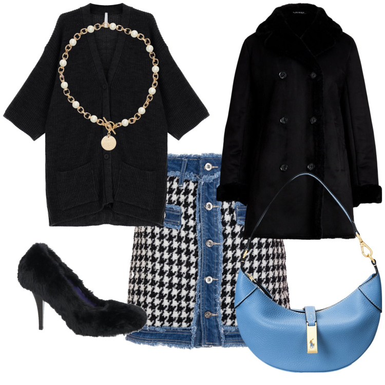 Outfit donna - Arrivo all aperitivo. Stile Glamour per Serata fuori. Abbinamento con décolleté, gonne, cardigans, collane, borse a spalla, cappotti.