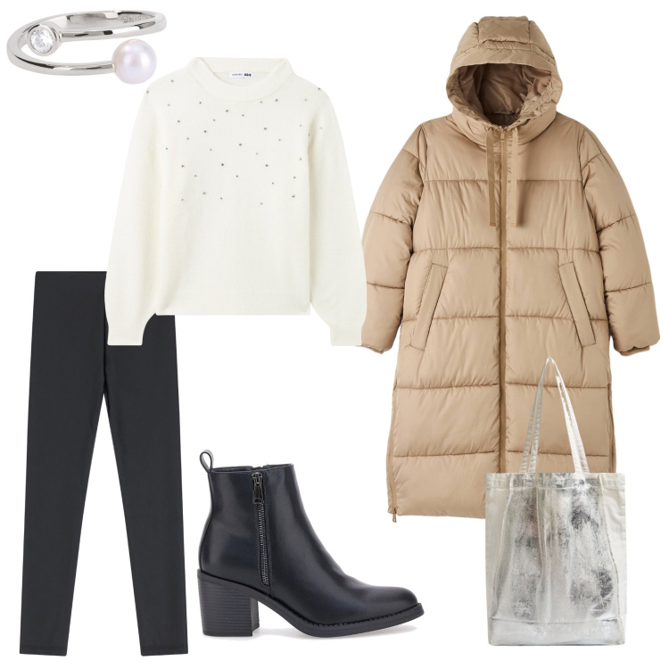 Outfit donna - Comoda ma Carina. Stile Casual chic per Tutti i giorni. Abbinamento con maglieria, piumini, shopping bag, anelli, pantaloni skinny, stivaletti.