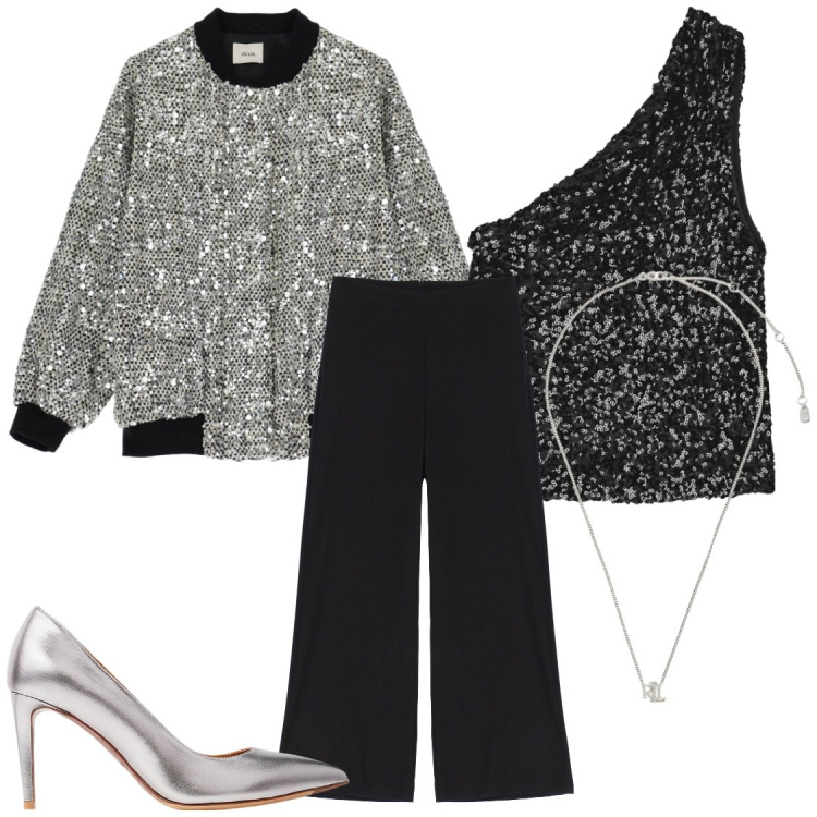 Outfit donna - Serata di festa. Stile Glamour per Serata fuori. Abbinamento con top, pantaloni, bomber, ciondoli, décolleté.