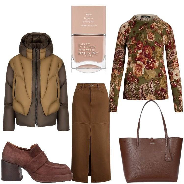 Outfit donna - Fiori invernali. Stile Casual chic per Ufficio. Abbinamento con mocassini, smalti, borse tote, gonne, maglieria, piumini.