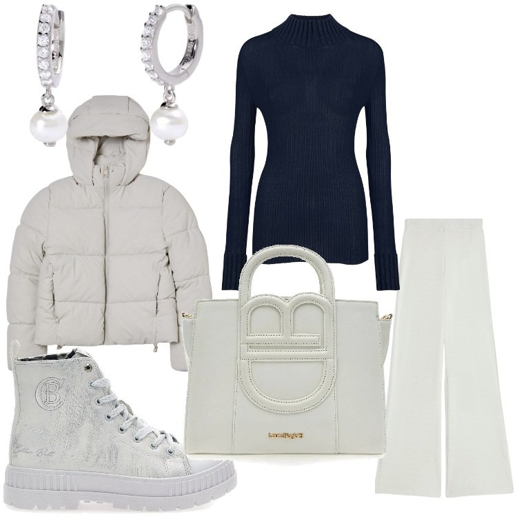 Outfit donna - Bianco , nero e perle. Stile Casual per Tutti i giorni. Abbinamento con blazer, orecchini, pantaloni, maglieria, stivaletti, borse a tracolla.