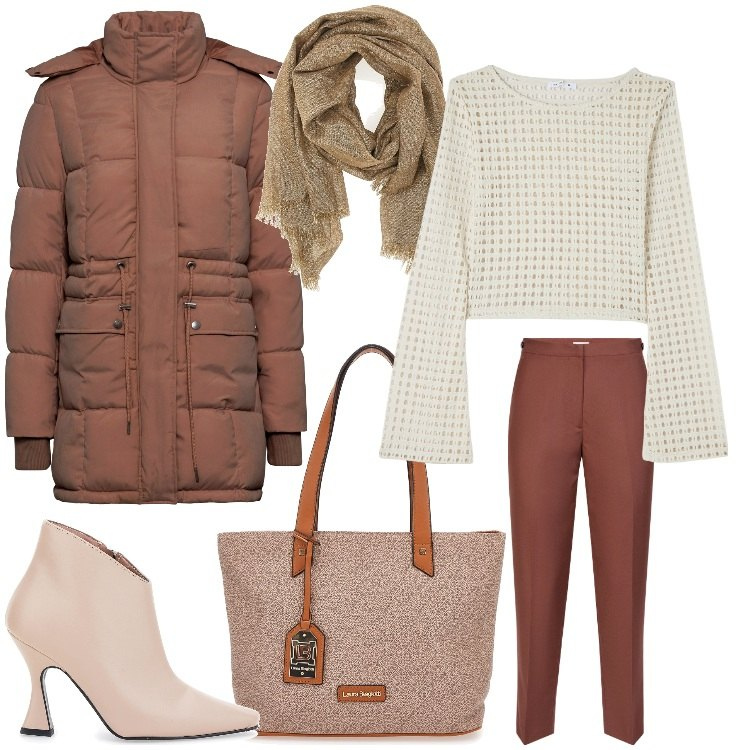 Outfit donna - Armonia di chiaro e scuro. Stile Casual chic per Ufficio. Abbinamento con piumini, maglieria, stivaletti, foulard, borse a spalla, pantaloni.