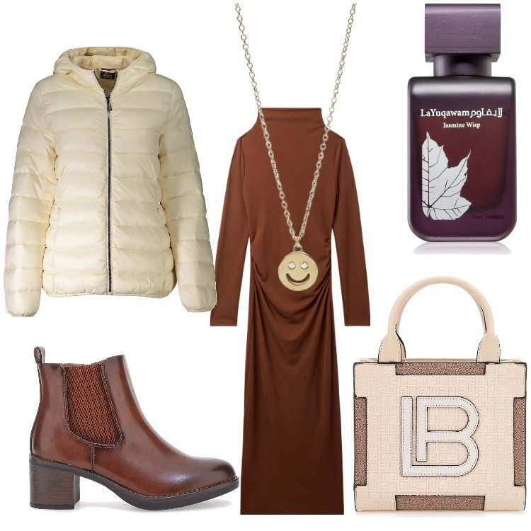 Outfit donna - Smiling. Stile Casual chic per Ufficio. Abbinamento con profumi, vestiti lunghi, collane, stivaletti, blazer, borse a spalla.