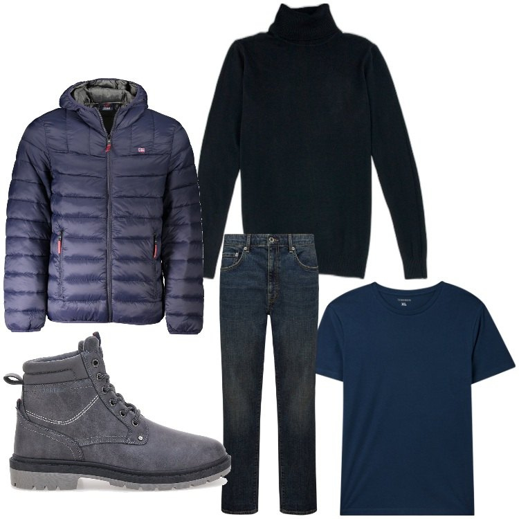Outfit uomo - Rapsodia in blu. Stile Casual per Tutti i giorni. Abbinamento con t-shirt, pullovers, stivali e stivaletti, giacche, jeans.