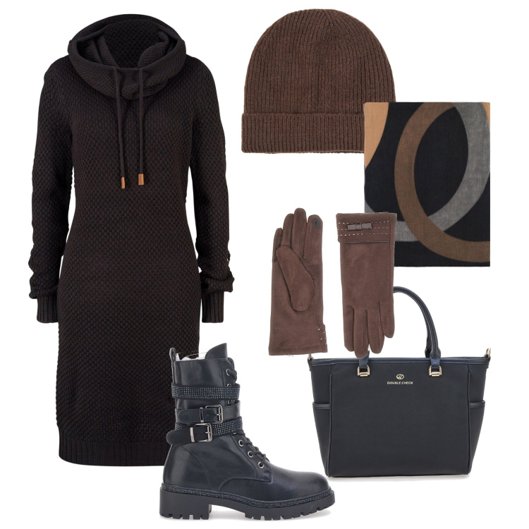 Outfit donna - L’abito in maglia con gli anfibi. Stile Urban per Tutti i giorni. Abbinamento con vestiti, berretti, foulard, guanti, anfibi, borse a tracolla.