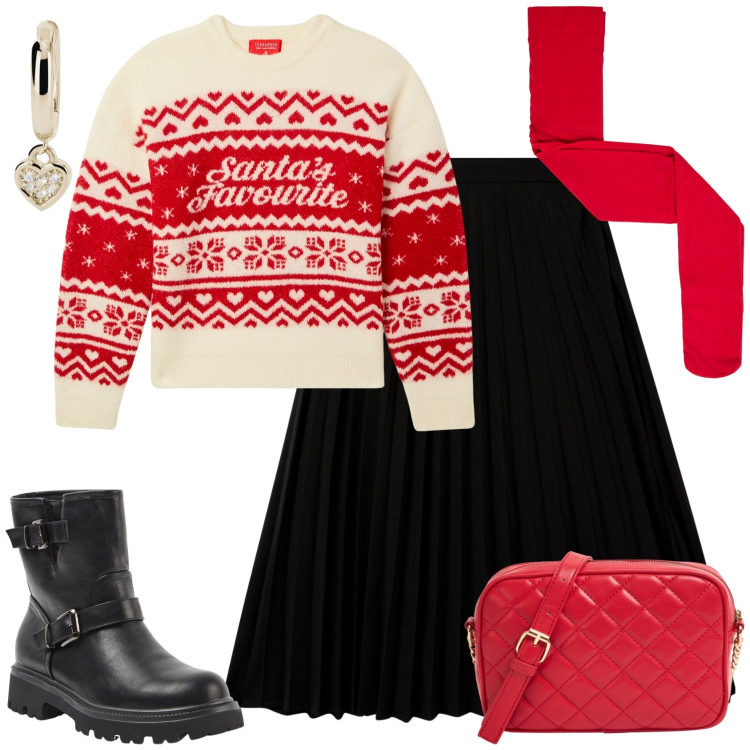 Outfit donna - Outfit natalizio!. Stile Casual chic per Serata fuori. Abbinamento con stivaletti, gonne lunghe, maglieria, borse a tracolla, collant, orecchini.