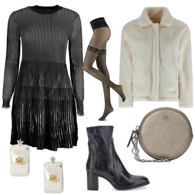 Outfit donna - Cosa mi metto. Stile Casual chic per Serata fuori. Abbinamento con collant, cappotti, orecchini, pochette, stivaletti, vestiti corti.