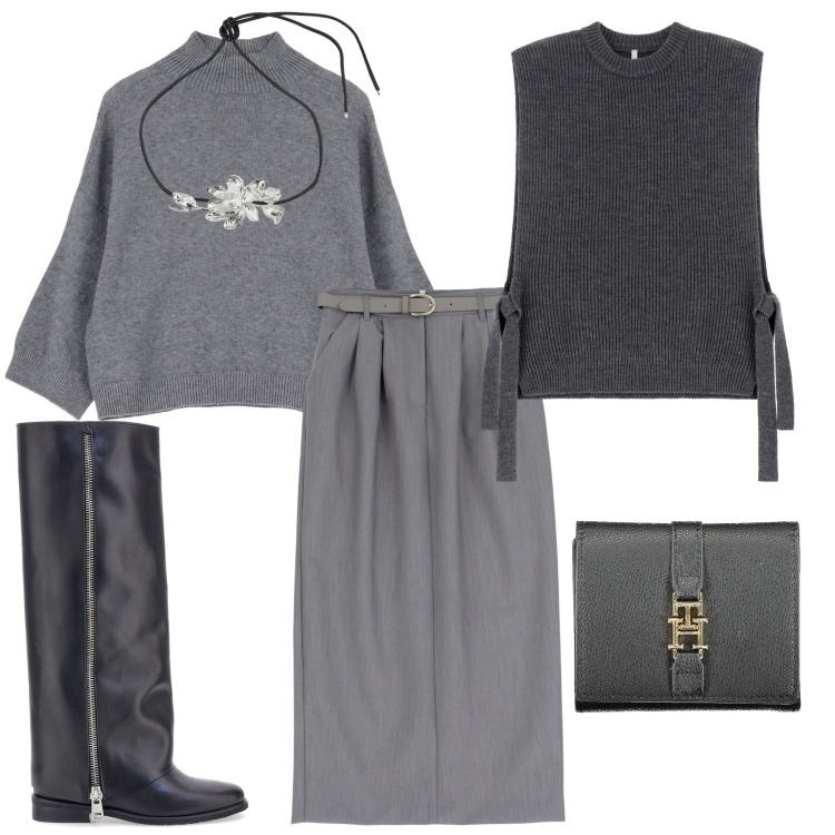 Outfit donna - Grigio in ufficio. Stile Casual chic per Ufficio. Abbinamento con pullovers, gilet, gonne lunghe, collane, stivali, portafogli.