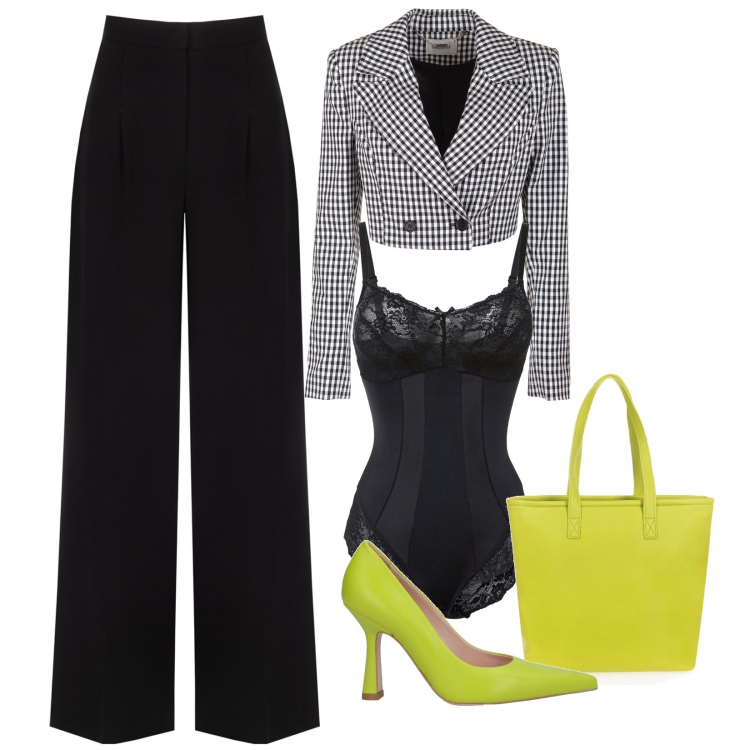 Outfit donna - Lime. Stile Sexy per Ufficio. Abbinamento con body, décolleté, pantaloni a palazzo, shopping bag, blazer.
