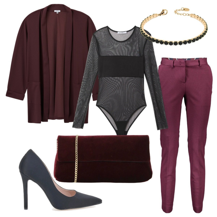 Outfit donna - Total look #2020185. Stile Glamour per Serata fuori. Abbinamento con blazer, body, braccialetti, pochette, pantaloni, décolleté.