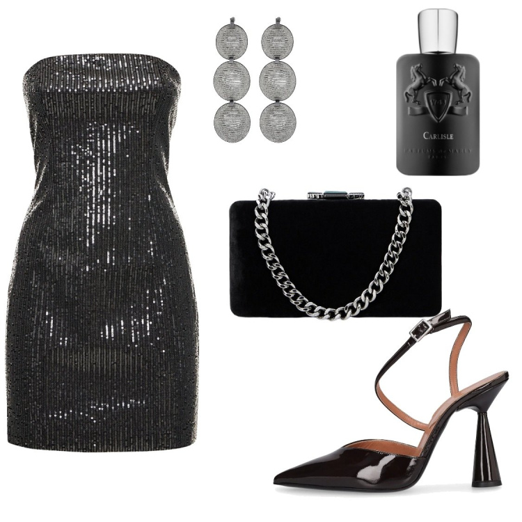 Outfit donna - 4, 3, 2, 1, buon anno!!. Stile Glamour per Serata fuori. Abbinamento con profumi, clutch, vestiti, orecchini, décolleté.