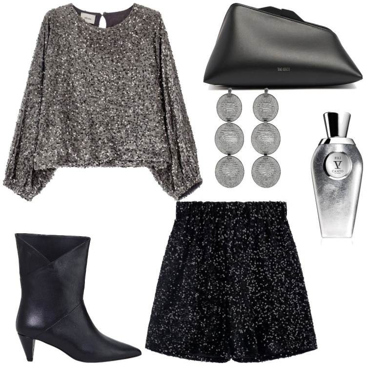 Outfit donna - In disco. Stile Glamour per Serata fuori. Abbinamento con profumi, felpe, shorts, stivaletti, pochette, orecchini.
