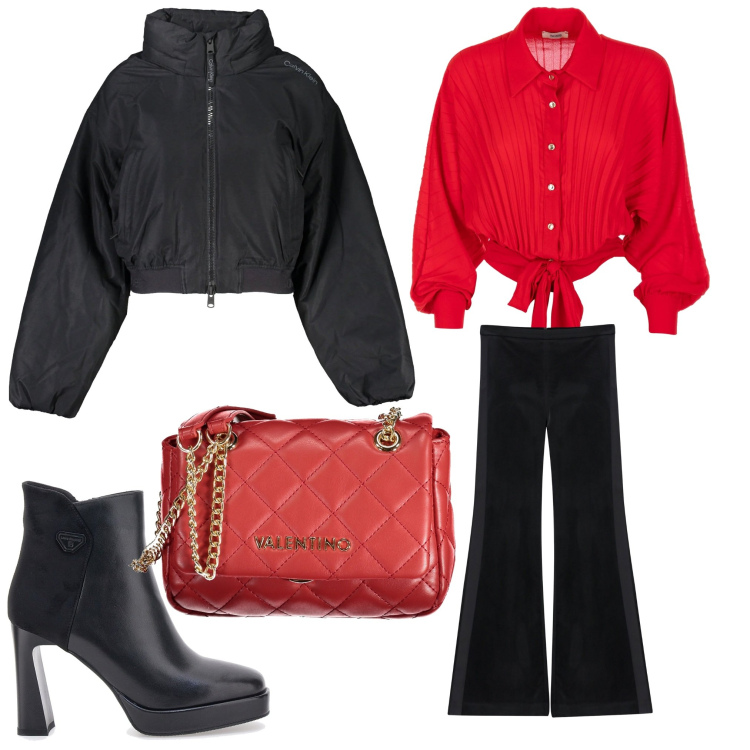 Outfit donna - Serata in rosso e nero. Stile Casual chic per Serata fuori. Abbinamento con camicie, pantaloni, stivaletti, blazer, borse a tracolla.