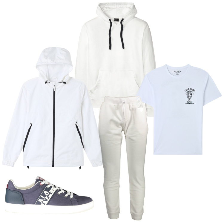 Outfit uomo - Bianco sport. Stile Casual per Sport. Abbinamento con felpe con cappuccio, giacche, t-shirt, pantaloni, sneakers.