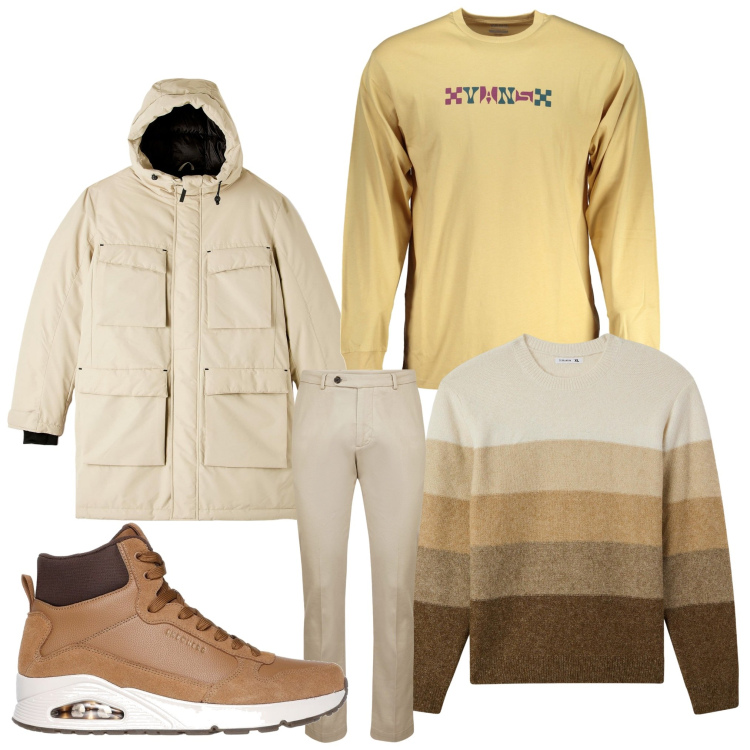 Outfit uomo - Il maglione a righe. Stile Casual per Ufficio. Abbinamento con parka, maglieria, sneakers alte, pantaloni, t-shirt.
