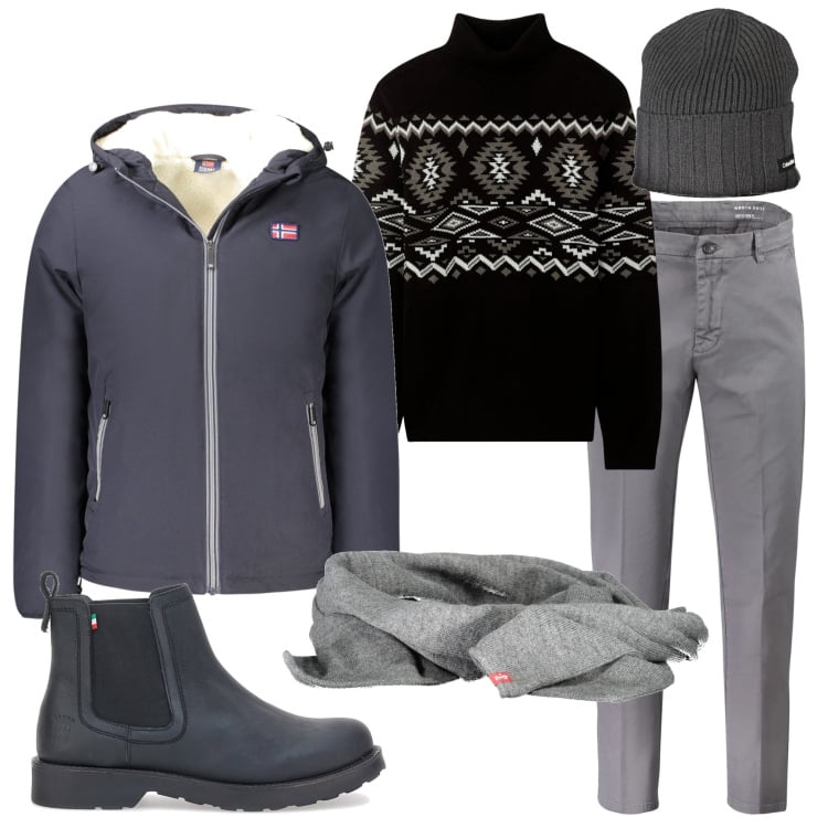 Outfit uomo - Arrivata la neve. Stile Casual per Tutti i giorni. Abbinamento con maglieria, stivali e stivaletti, giacche, pantaloni, sciarpe, berretti.
