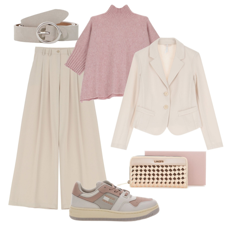 Outfit donna - Città comoda glam. Stile Casual chic per Tutti i giorni. Abbinamento con pantaloni, maglieria, blazer, cinture, sneakers, portafogli.