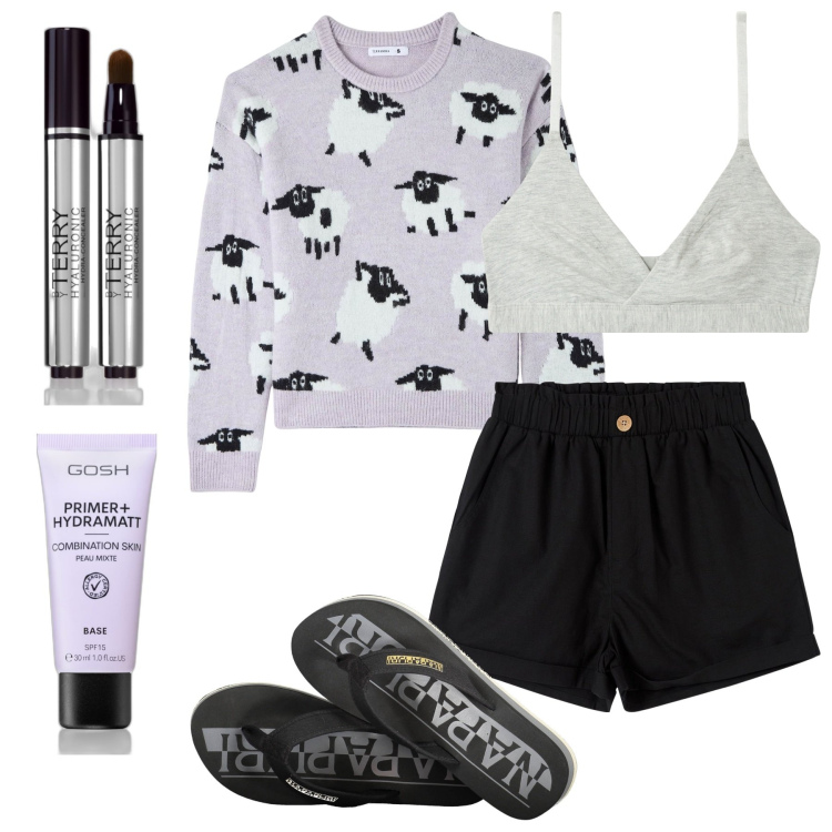 Outfit donna - At home. Stile Basic per Tutti i giorni. Abbinamento con correttori, primer, pantaloni corti, maglieria, reggiseni, infradito.