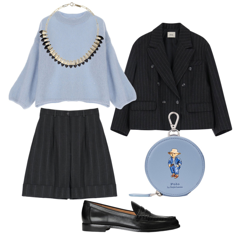 Outfit donna - Completo gessato con bermuda. Stile Trendy per Tutti i giorni. Abbinamento con bermuda, pullovers, blazer, mocassini, portamonete, collane.