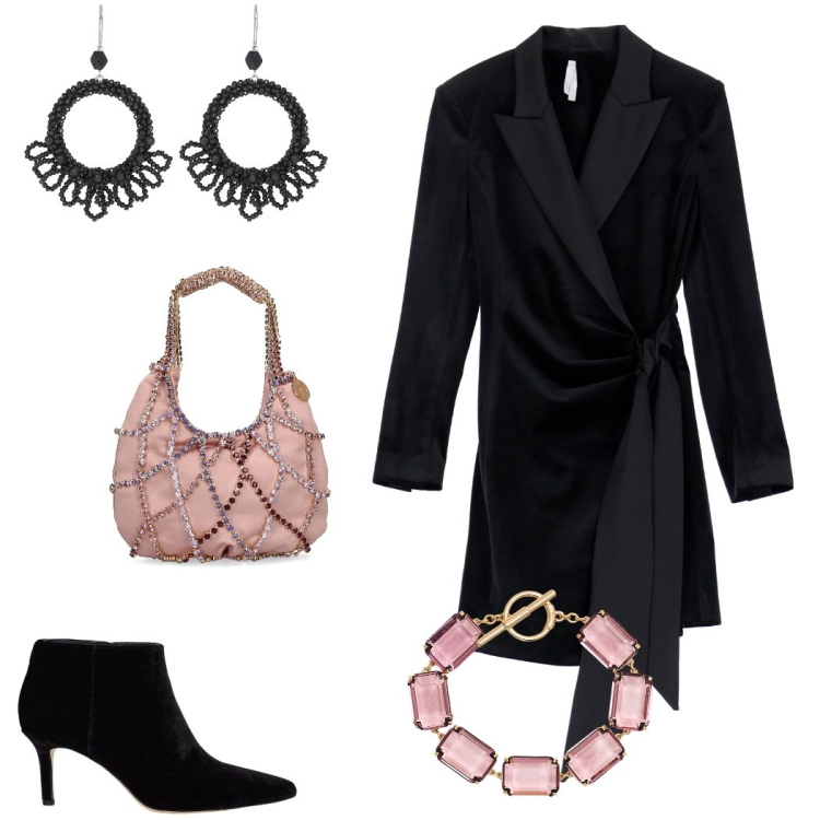 Outfit donna - Velvet elegance. Stile Chic per Serata fuori. Abbinamento con vestiti corti, braccialetti, stivaletti, borse a mano, orecchini.
