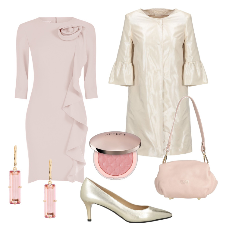 Outfit donna - Cerimonia tra le festività. Stile Chic per Cerimonia. Abbinamento con trench, borse a mano, décolleté, blush, vestiti a tubino, orecchini.
