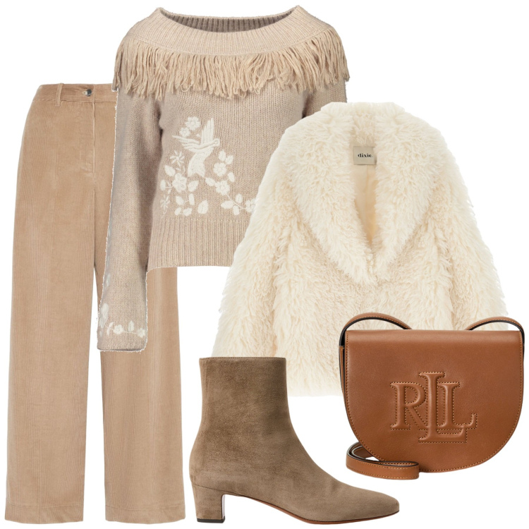 Outfit donna - Avvolgente beige. Stile Casual chic per Tutti i giorni. Abbinamento con blazer, borse a tracolla, stivaletti, pantaloni, maglieria.