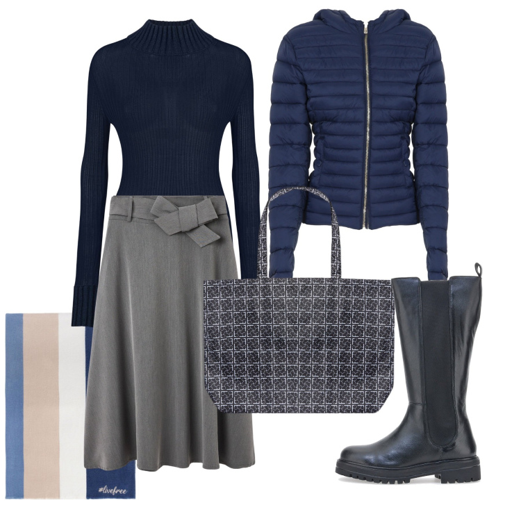 Outfit donna - Seria in blu. Stile Bon Ton per Ufficio. Abbinamento con gonne lunghe, piumini, shopping bag, maglieria, stivali sopra il ginocchio, sciarpe.