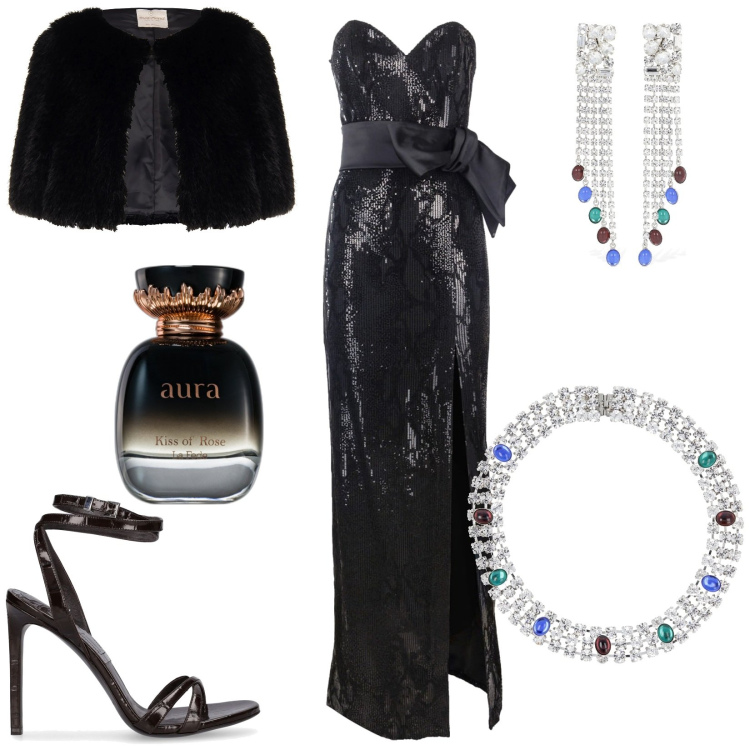 Outfit donna - Festive Glam nero. Stile Glamour per Serata fuori. Abbinamento con profumi, blazer, vestiti lunghi, orecchini, collane, sandali in pelle.