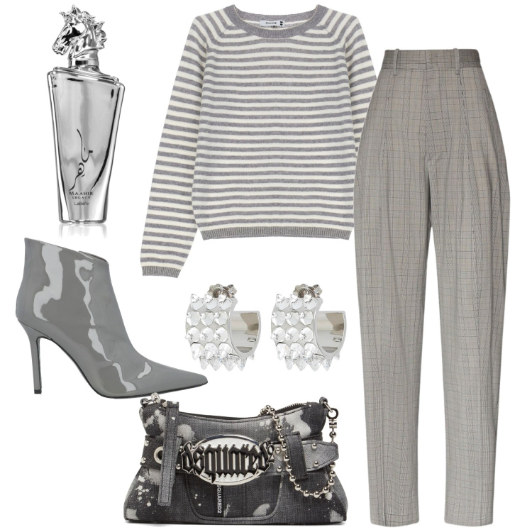 Outfit donna - Qualcosa di grigio. Stile Glamour per Serata fuori. Abbinamento con stivaletti, orecchini, profumi, pullovers, pochette, pantaloni.