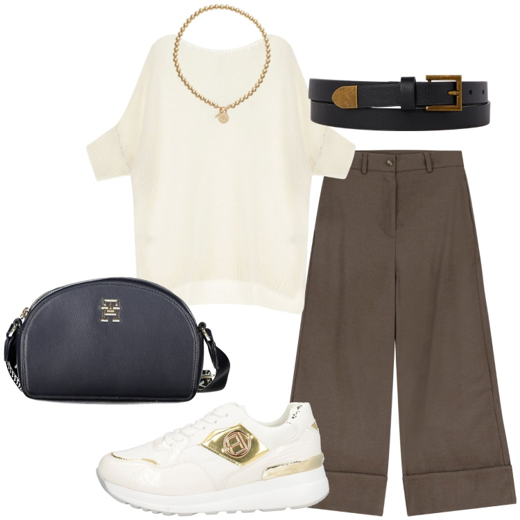 Outfit donna - Vieste. Stile Casual chic per Tutti i giorni. Abbinamento con sneakers, pullovers, pantaloni, collane, cinture, borse a tracolla.